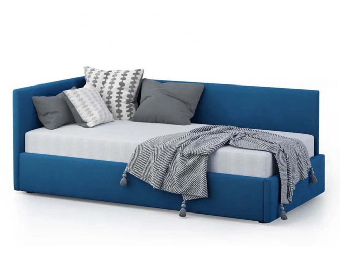 Односпальная кровать Меркурий-2 с подъемным механизмом, с мягким высоким изголовьем, ортопедическое основание, ящик для белья, велюр bingo denim