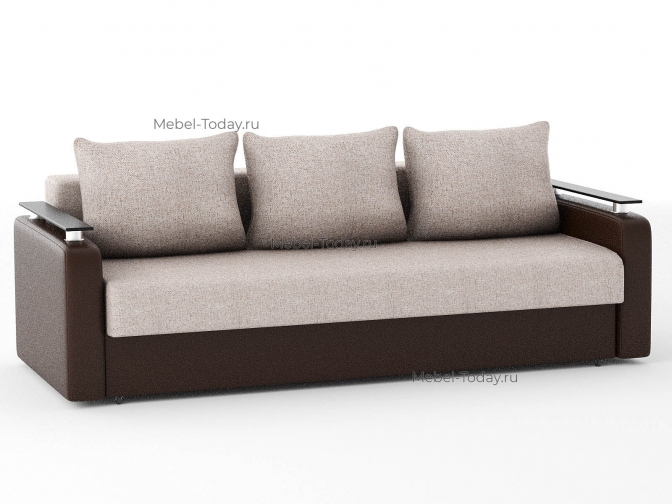 Диван-кровать Лорд еврокнижка с прямыми накладками, рогожка бежевая + экокожа коричневая