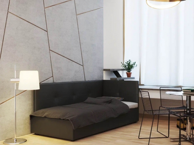 Односпальная кровать Меркурий-1 с подъемным механизмом, с мягким высоким изголовьем, ортопедическое основание, ящик для белья, экокожа черная