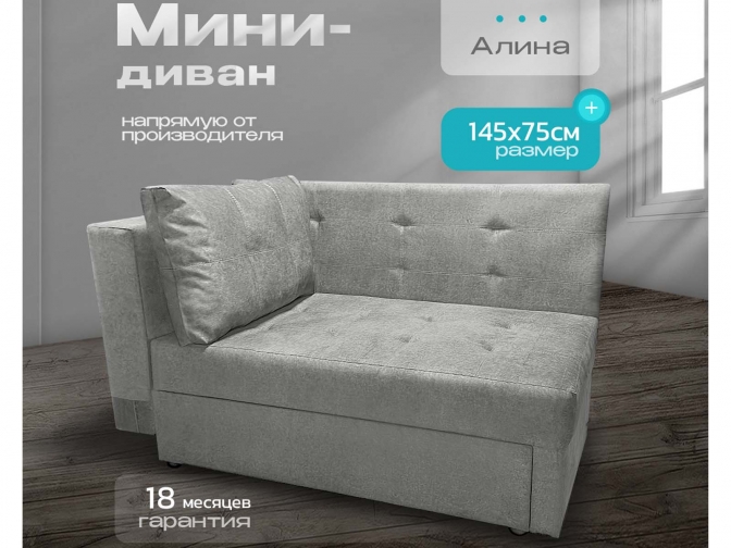 Кушетка Алина, спальное место 70*190 см, с ящиком для белья, механизм еврософа, велюр светло-серый