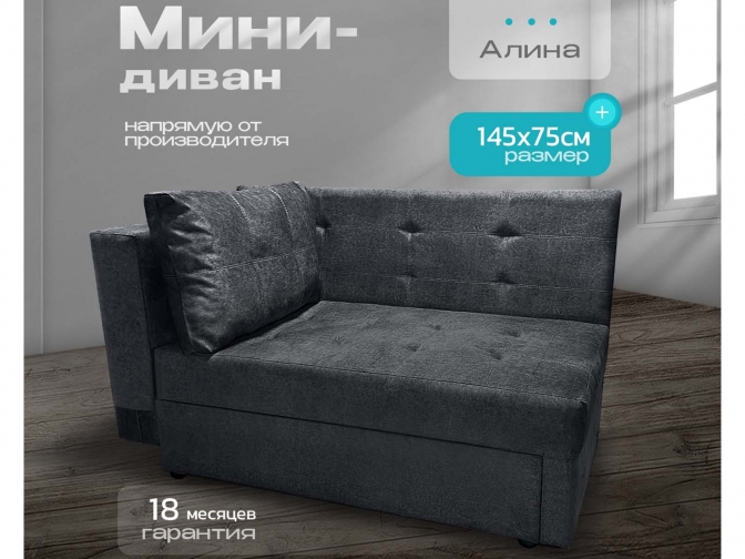 Кушетка Алина, спальное место 70*190 см, с ящиком для белья, механизм еврософа, велюр темно-серый