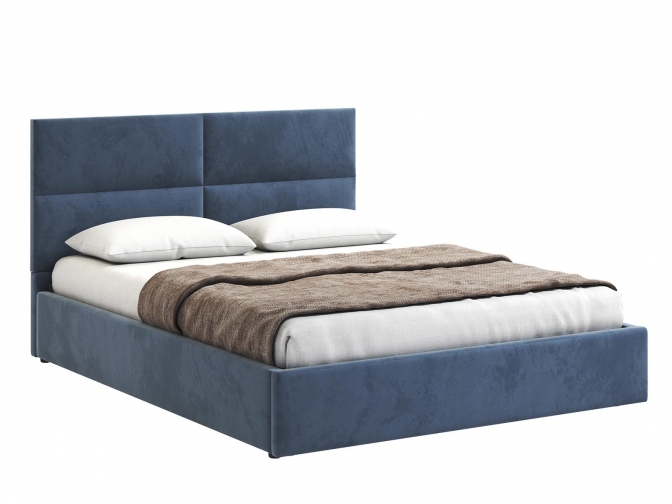 Кровать Венера-4 двуспальная с подъемным механизмом, с мягким изголовьем, ортопедическое основание, ящик для белья, велюр bingo denim