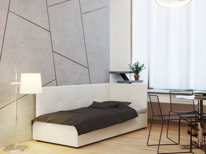 Односпальная кровать Меркурий-1 с подъемным механизмом, с мягким высоким изголовьем, ортопедическое основание, ящик для белья, экокожа белая