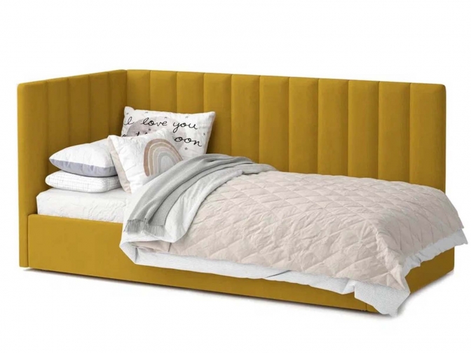 Односпальная кровать Меркурий-3 с подъемным механизмом, с мягким высоким изголовьем, ортопедическое основание, ящик для белья, велюр bingo mustard