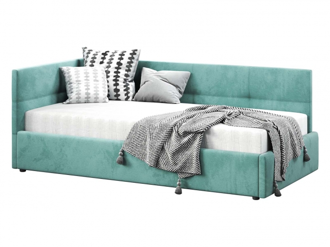 Односпальная кровать Меркурий-1 с подъемным механизмом, с мягким высоким изголовьем, ортопедическое основание, ящик для белья, велюр bingo lagoon