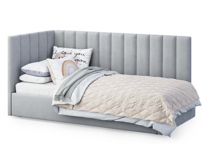 Односпальная кровать Меркурий-3 с подъемным механизмом, с мягким высоким изголовьем, ортопедическое основание, ящик для белья, велюр bingo ash