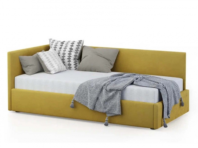 Односпальная кровать Меркурий-2 с подъемным механизмом, с мягким высоким изголовьем, ортопедическое основание, ящик для белья, велюр bingo mustard