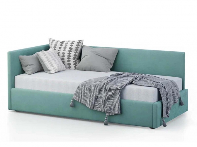 Односпальная кровать Меркурий-2 с подъемным механизмом, с мягким высоким изголовьем, ортопедическое основание, ящик для белья, велюр bingo mint