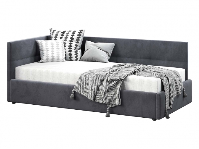 Односпальная кровать Меркурий-1 с подъемным механизмом, с мягким высоким изголовьем, ортопедическое основание, ящик для белья, велюр bingo grafit