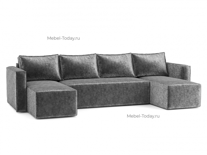 П-образный диван еврокнижка Лофт с 2-мя оттоманками обивка Плюш серый