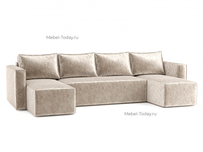 П-образный диван еврокнижка Лофт с 2-мя оттоманками обивка Плюш бежевый