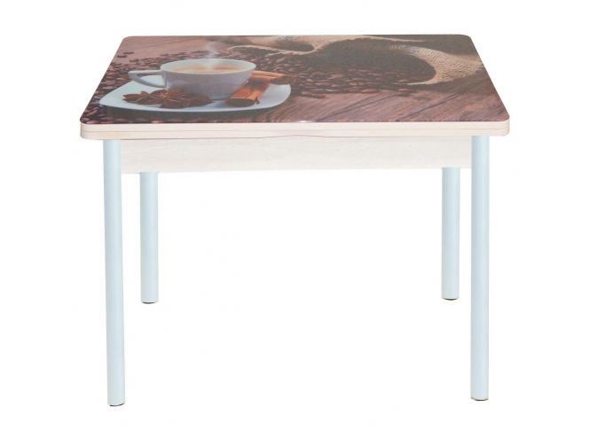 Стол обеденный раскладной Симпл фотопечать чашка кофе дуб молочный+белый