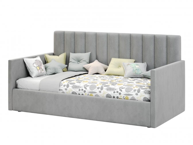 Односпальная кровать Меркурий-4 с подъемным механизмом, 3-я спинками, ортопедическое основание, ящик для белья, велюр bingo ash