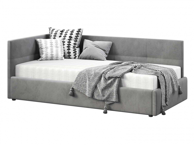 Односпальная кровать Меркурий-1 с подъемным механизмом, с мягким высоким изголовьем, ортопедическое основание, ящик для белья, велюр bingo grey