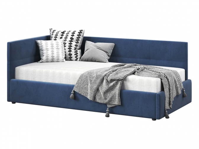 Односпальная кровать Меркурий-1 с подъемным механизмом, с мягким высоким изголовьем, ортопедическое основание, ящик для белья, велюр bingo denim