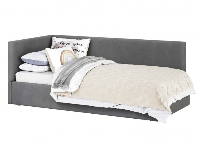 Односпальная кровать Меркурий-2 с подъемным механизмом, с мягким высоким изголовьем, ортопедическое основание, ящик для белья, велюр bingo grey