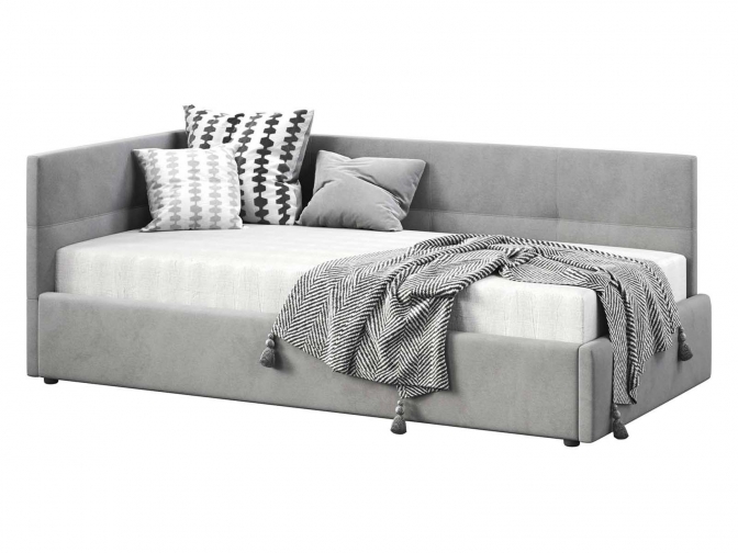 Односпальная кровать Меркурий-1 с подъемным механизмом, с мягким высоким изголовьем, ортопедическое основание, ящик для белья, велюр bingo ash