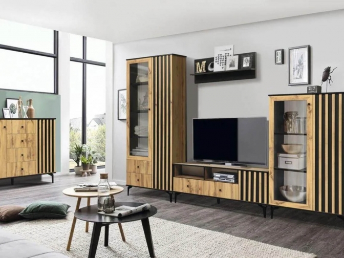 Модульная гостиная Либерти 1 Дуб вотан/Черный опора h150