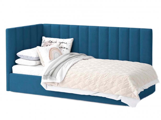 Односпальная кровать Меркурий-3 с подъемным механизмом, с мягким высоким изголовьем, ортопедическое основание, ящик для белья, велюр bingo denim