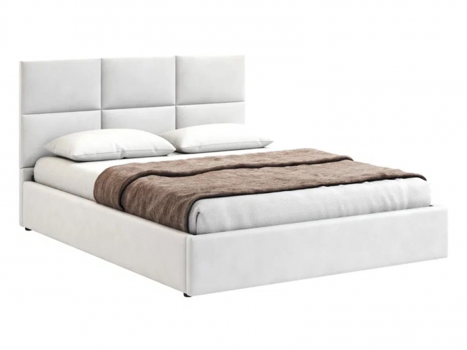 Кровать Венера-5 двуспальная с подъемным механизмом, с мягким изголовьем, ортопедическое основание, ящик для белья, экокожа белая