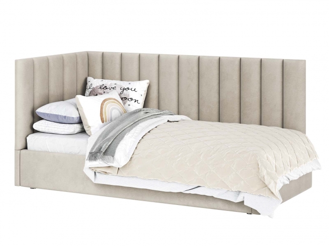 Односпальная кровать Меркурий-3 с подъемным механизмом, с мягким высоким изголовьем, ортопедическое основание, ящик для белья, велюр bingo beige