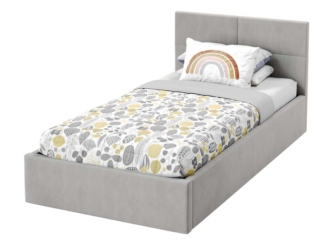 Односпальная кровать Меркурий-5 с подъемным механизмом, с мягким высоким изголовьем, ортопедическое основание, ящик для белья, велюр bingo ash