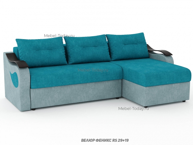 Угловой диван Меркурий с деревянными МДФ подлокотниками и рисунком капли, обивка велюр и бархат