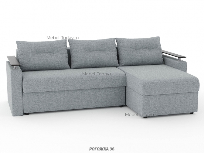 Угловой диван Шарк с МДФ подлокотниками на стаканах, еврокнижка или пантограф, пружинный, обивка рогожка