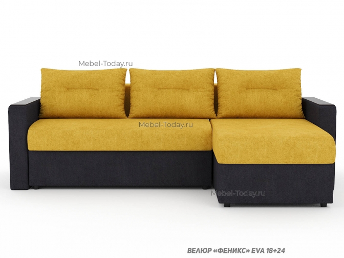 Угловой диван Атлант с деревянными прямыми МДФ подлокотниками, еврокнижка, обивка велюр и бархат