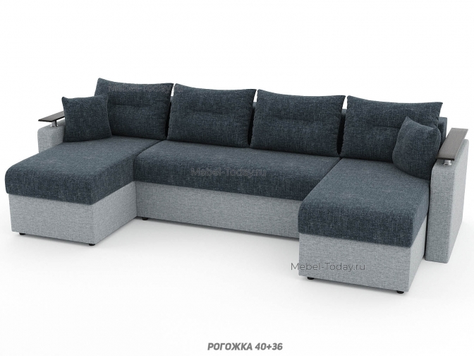 Диван еврокнижка П-образный Шарк с деревянными МДФ подлокотниками на стаканах, обивка рогожка