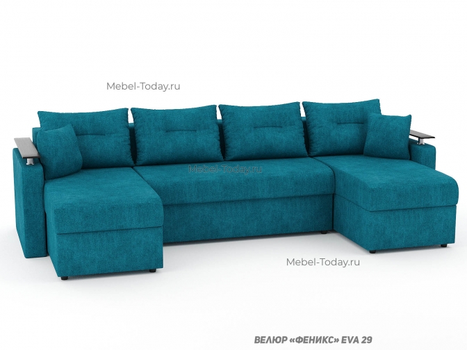 Диван еврокнижка П-образный Шарк с деревянными МДФ подлокотниками на стаканах, обивка велюр и бархат