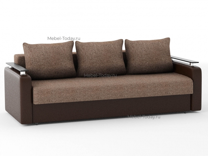 Диван-кровать Лорд еврокнижка с прямыми накладками, рогожка коричневая + экокожа коричневая