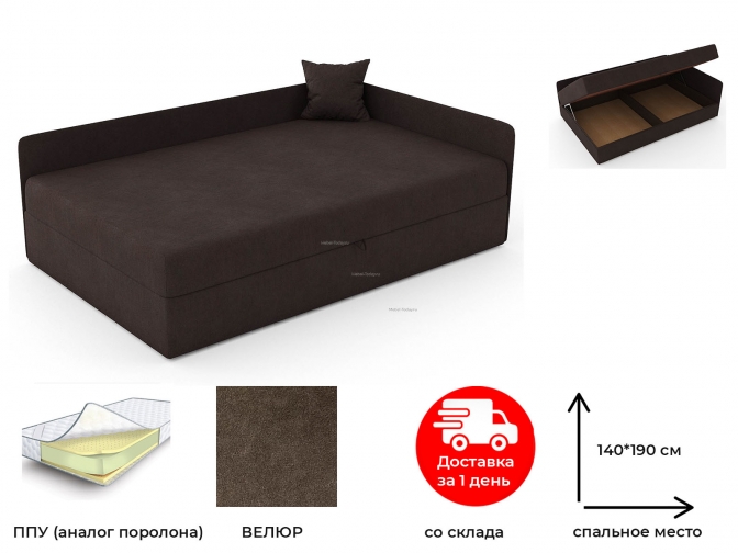 Кровать-тахта двуспальная Кристина 140 см угловая, обивка велюр коричневый Ева-4, ящик для белья, по акции в наличии